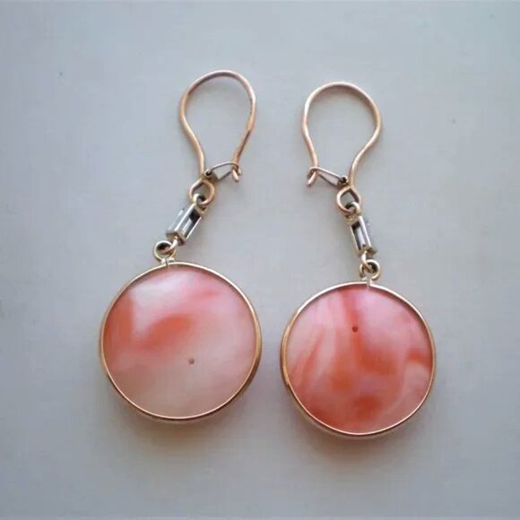 Vintage Soviet USSR 14K 583 Rose Pink Gold Diamond 17MM Coral Dangle EARRINGS - Picture 7 of 7